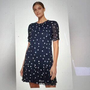 DKNY Plus Navy Chiffon 16W w/ Cream-colored Embroidery
